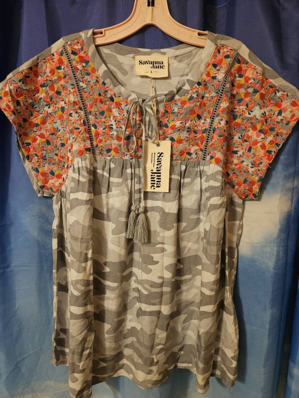 Savanna Jane Gray Camo Tunic with Bright Floral Lovely Embroidered Design